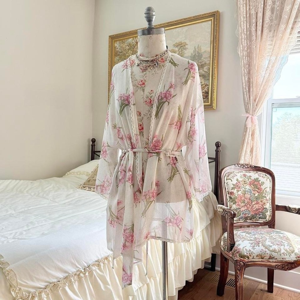 y2k california dynasty pink floral sheer robe top size medium